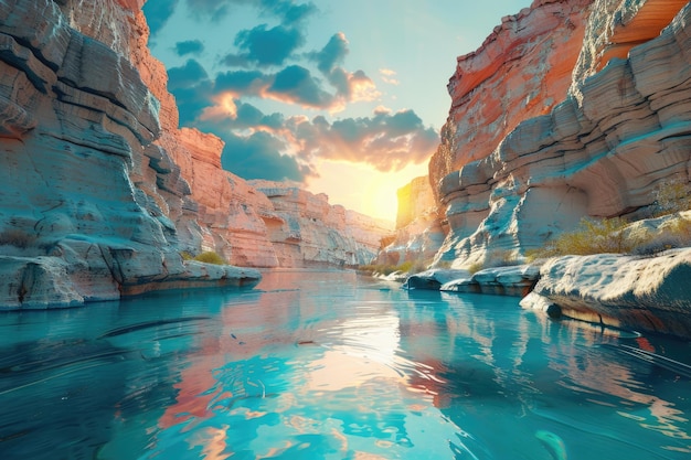 Deslumbrante cenário de pôr-do-sol no desfiladeiro azul com reflexo da água