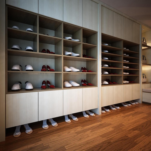 Deslumbrante e soberbo closet com design de interiores de racks de sapatos
