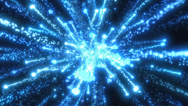 Un deslumbrante estallido de brillantes partículas de luz azul que se extienden hacia afuera en todas direcciones evocando