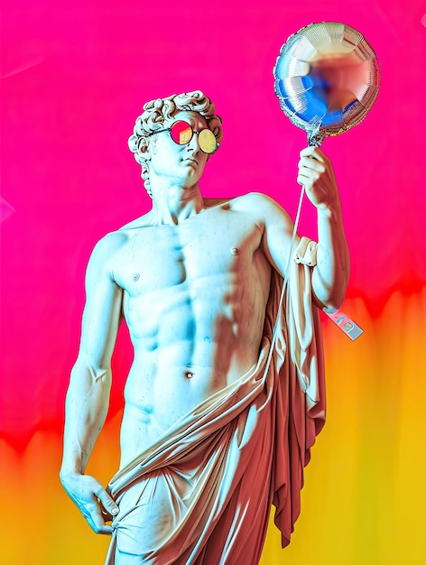 Foto una deslumbrante explosión festiva en estilo pop art una antigua estatua de un dios en espejo gafas de sol con un