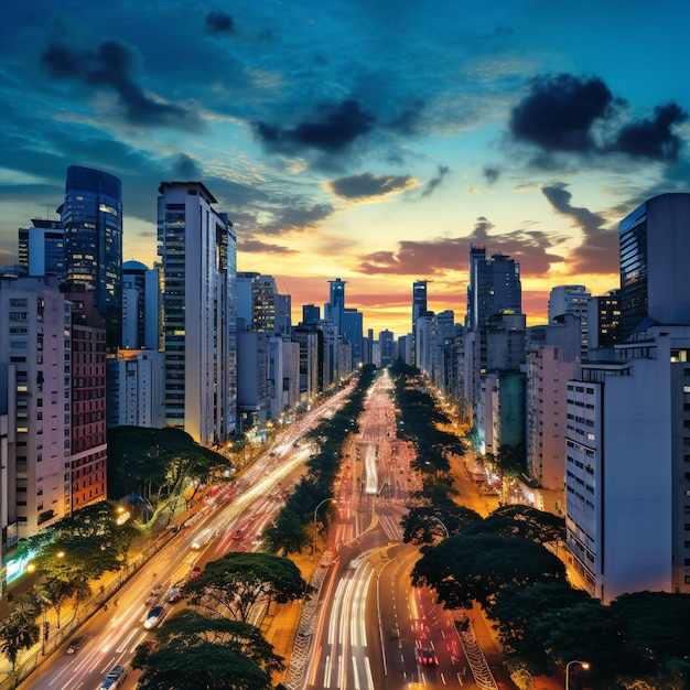 Foto deslumbrante horizonte de so paulo ao anoitecer com marcos culturais e arte de rua