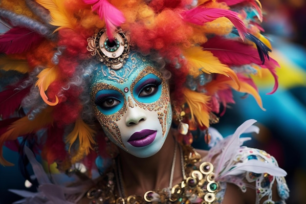 Deslumbrante mujer de carnaval con traje de pañuelo y máscara elegante