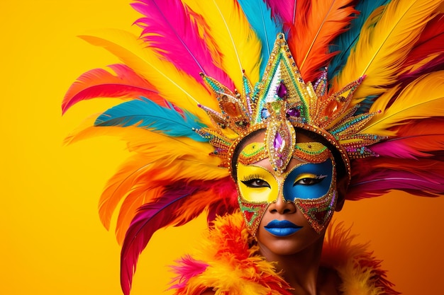 Deslumbrante mujer de carnaval con traje de pañuelo y máscara elegante