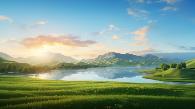 Deslumbrante nascer do sol sobre a lagoa com colinas ondulantes e campos de trigo verdes