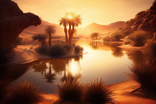 Foto deslumbrante nascer do sol sobre oásis no deserto com raios quentes de luz brilhando na água