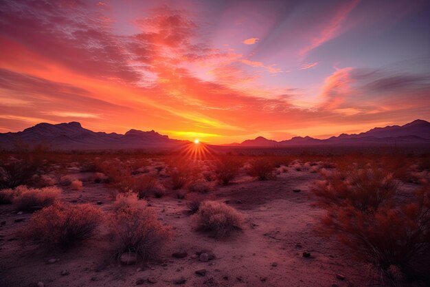 Deslumbrante nascer do sol sobre uma paisagem desértica com tons de rosa e laranja se espalhando pelo céu