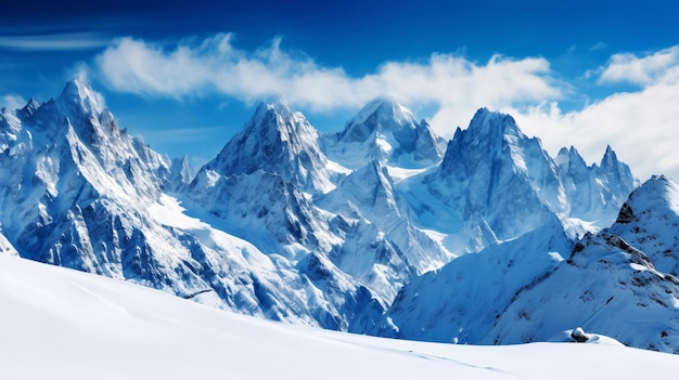 Deslumbrante país das maravilhas do inverno majestosas montanhas cobertas de neve com esquiador conquistando o cume gera...