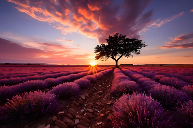 Foto deslumbrante paisagem de campo de lavanda pôr-do-sol de verão com uma única árvore