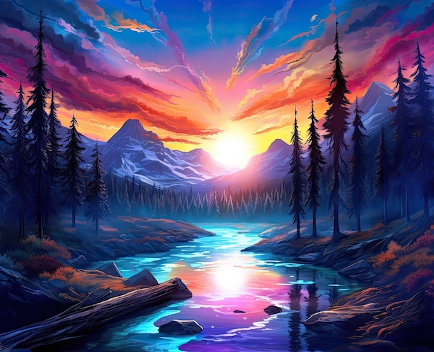 Deslumbrante paisagem de fantasia noite neon aquarela nascer do sol colorido montanha árvores céu estrela fundo
