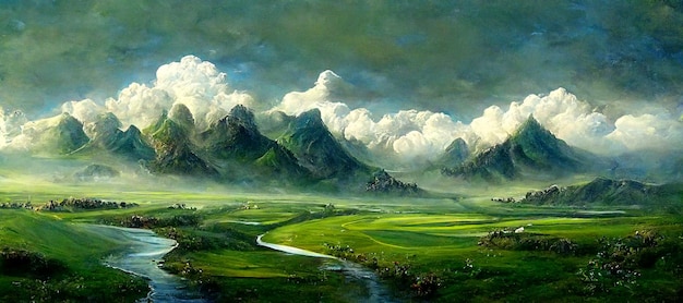 Deslumbrante paisagem montanhosa prados verdes rios nuvens e montanhas Banner de ilustração da bela natureza
