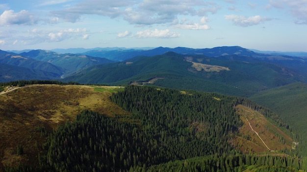 Deslumbrante panorama da floresta montanhosa contra encantador parque nacional de céu nublado Drone vista colinas rochosas paisagem incrível floresta verde crescendo fundo do dia de verão Conceito de cena aérea de árvores montanhosas