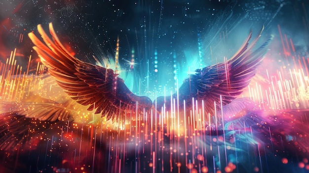 Una deslumbrante representación visual de la música con barras de ecualizador que se extienden en majestuosas alas y se elevan a través de un paisaje eléctrico