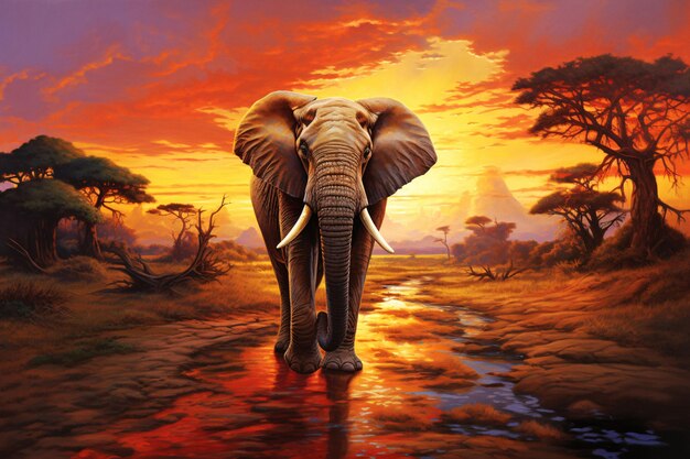 Deslumbrante Sunset Serenity Majestic Elefante passeando pelo rio Generative AI