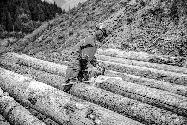 Foto desmatamento conceito de corte de floresta lenhador é homem serra elétrica árvore