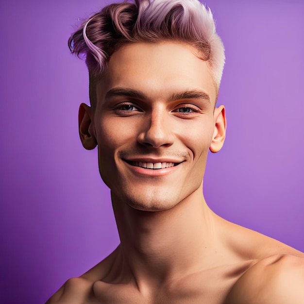 desnudo, sonriente, positivo, alegre, guapo, hombre gay, mirar cámara, aislado, en, violeta, color, lgbtq, conceptai, generado