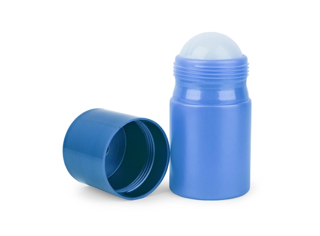 Desodorante antitranspirante corporal rollon aberto e fechado garrafa branca em branco com tampa de rosca