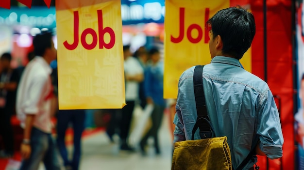 Foto desolada escena de la feria de empleo puestos vacíos pancartas cojas organizadores decepcionados en la sala sometida