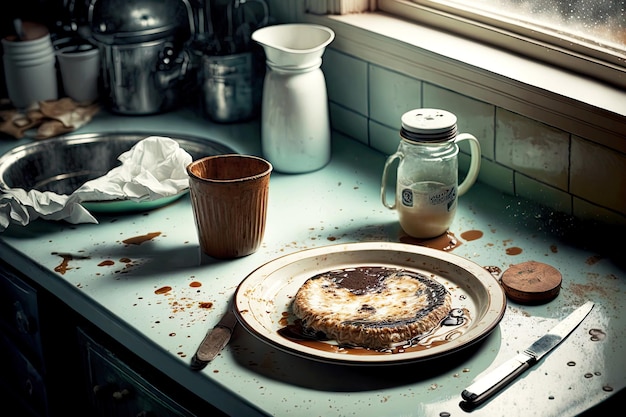 Desorden de cocina en fregadero atascado con restos de comida platos sucios y alianzas con gotas de café en ta