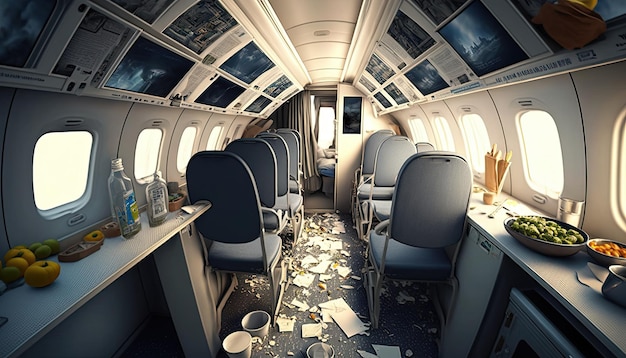 Desorden en el pasillo del avión después de una fuerte turbulencia que dispersó comida de pertenencias personales entre las filas de asientos