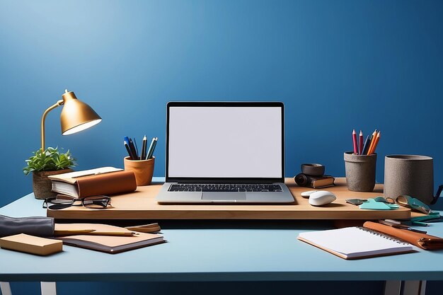 Despacho creativo de oficina con portátil de pantalla en blanco y suministros y pared azul