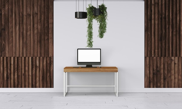 Despacho moderno en maqueta de estudio limpia y brillante con pared de diseño