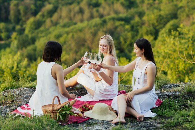 Despedida de soltera en la naturaleza Jóvenes amigas bebiendo vino