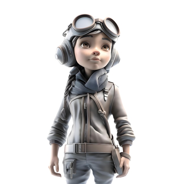 Despega con nuestro adorable personaje de chica piloto 3D aislado en fondo blanco