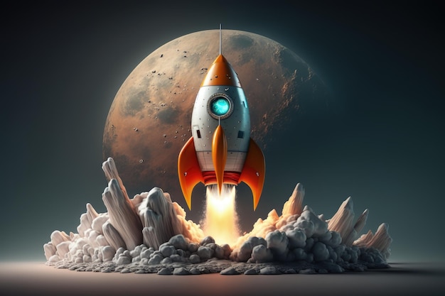 El despegue del cohete y la luna en el fondo de la IA
