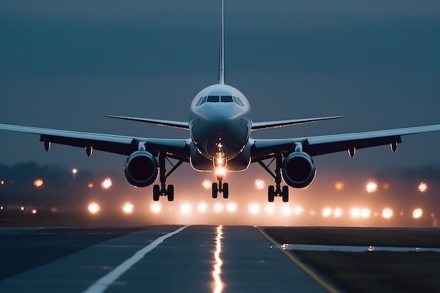 El despegue o el aterrizaje de un avión en dirección al cielo en la pista de aterrizo del aeropuerto