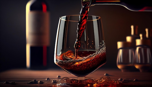 Despejando vinho tinto em um copo com uvas e garrafa de vinho em backgroundgenerative ai escuro