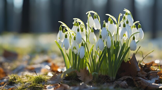 Foto despeje con gotitas de nieve en el bosque de primavera al atardecer