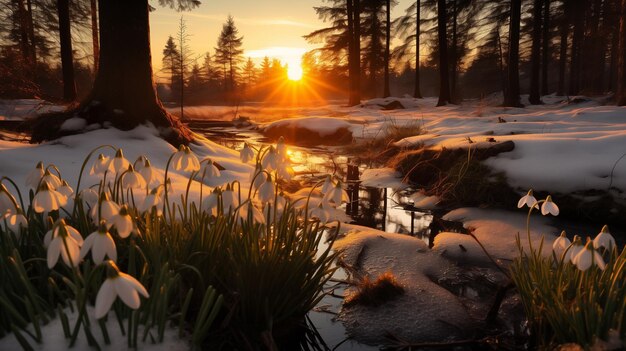 Foto despeje con gotitas de nieve en el bosque de primavera al atardecer