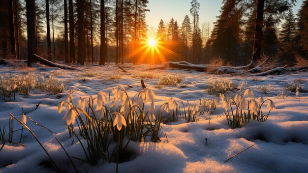 despeje con gotitas de nieve en el bosque de primavera al atardecer