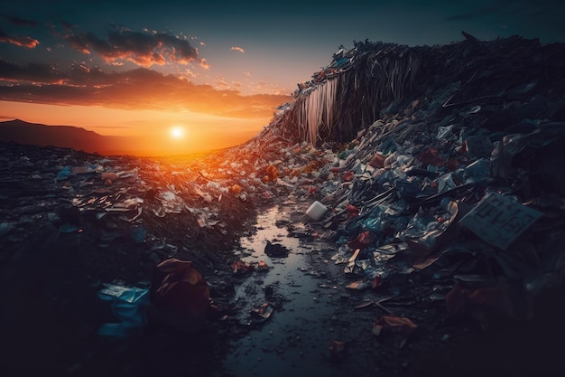 Despejo de lixo de plástico aberto ao pôr do sol transbordando de lixo