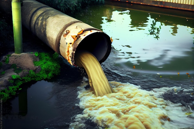 Foto despejo de resíduos industriais num rio limpo alteração climática