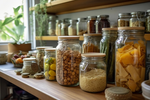 Despensa Armário de alimentos Organização de armazenamento de cozinha Grãos de macarrão em potes de vidro Organic Generative AI