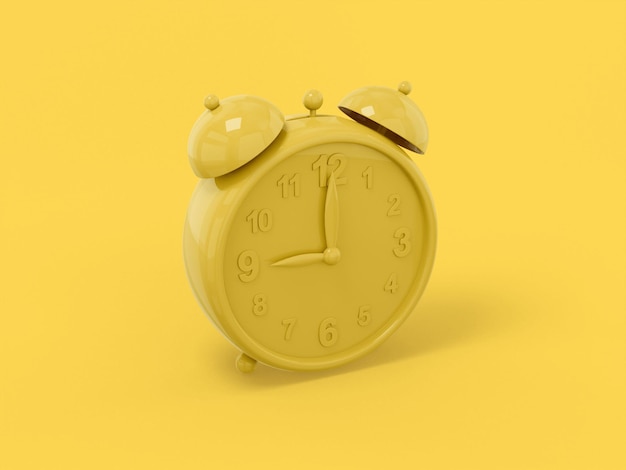 Despertador amarelo de uma cor em um fundo plano amarelo Objeto de design minimalista ícone de renderização 3d elemento de interface ui ux