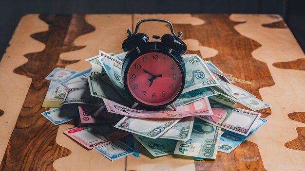 Foto un despertador en billetes de moneda sobre una mesa de madera