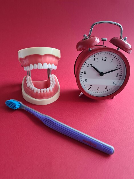 Foto despertador de cepillo de dientes de mandíbula de diente sobre fondo rojo