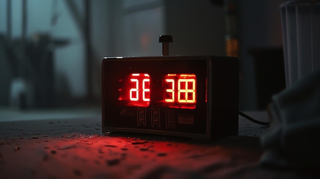 Foto un despertador digital rojo retro está sentado en una mesa polvorienta el reloj muestra la hora 2332 el fondo es oscuro y desenfocado