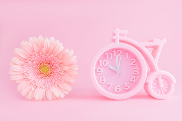 Foto el despertador y el gerbera rosados florecen en fondo rosado.