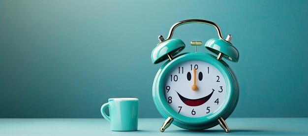Un despertador matutino, un reloj despertador y café para comenzar el día creados con tecnología de IA generativa