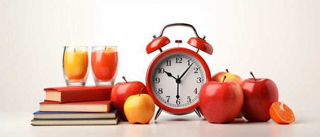 Despertador naranja con manzana roja y equipamiento escolar.