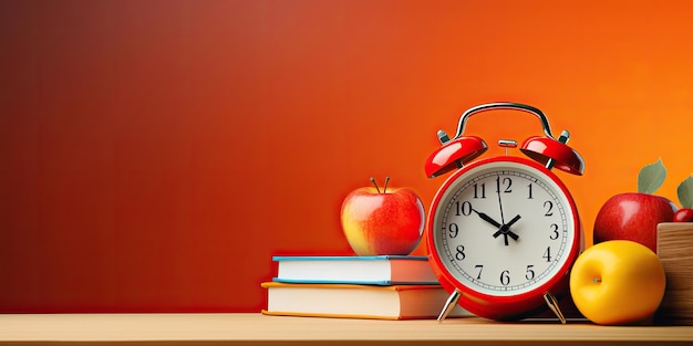 Despertador naranja con manzana roja y equipo escolar Fondo de concepto de regreso a la escuela