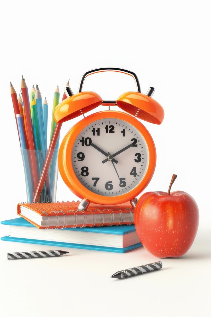 Un despertador naranja, una manzana roja y lápices sobre un fondo blanco que simbolizan la escuela y la educación