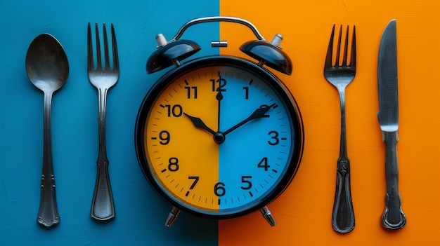 El despertador y la placa son amarillos y azules indicando el ayuno intermitente y la hora del almuerzo también tiene un temporizador de reloj y cubiertos