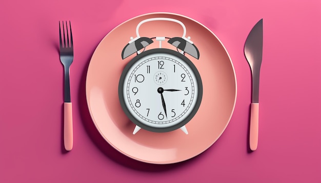 Despertador en el plato rosa pastel con tenedor y cuchillo.