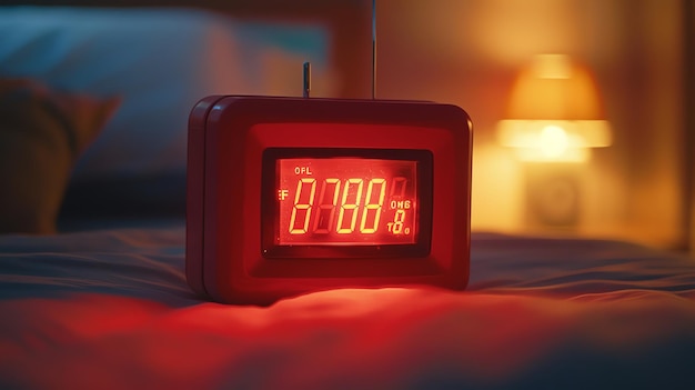 Foto un despertador rojo con la hora de las 12 00