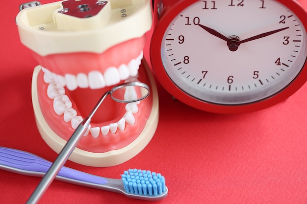 Despertador rojo mandíbula humana artificial e instrumento dental en la mesa oral por la noche y por la mañana