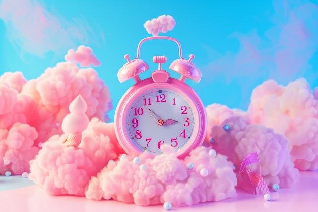 Un despertador rosa con una cara blanca se sienta en una pila de nubes rosas